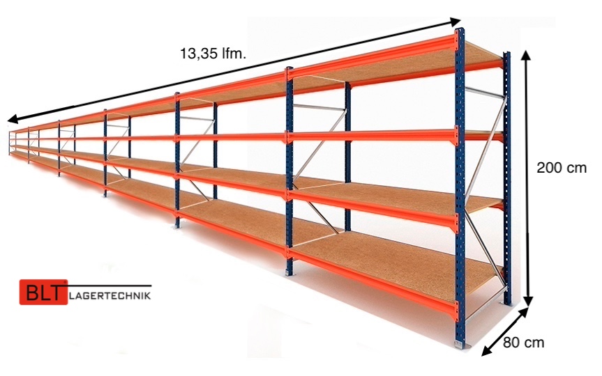 13,35 lfm Weitspannregale 80cm tief , 4 Ebenen, Werkstattregale , Lagerregale , Großfachregale , Handlager , Fachbodenregale